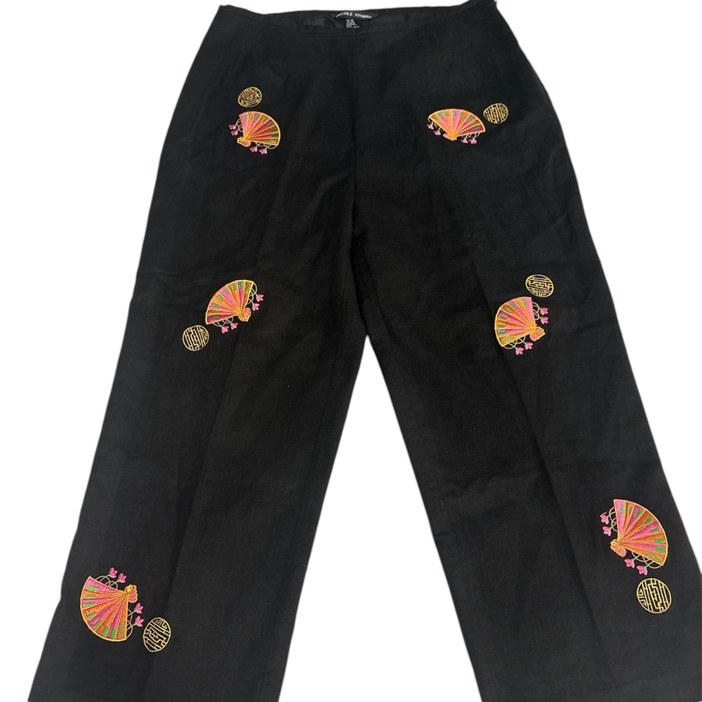 Nicole Studio Linen  Black Pants with  Japanese Embroidered Fans Size 10